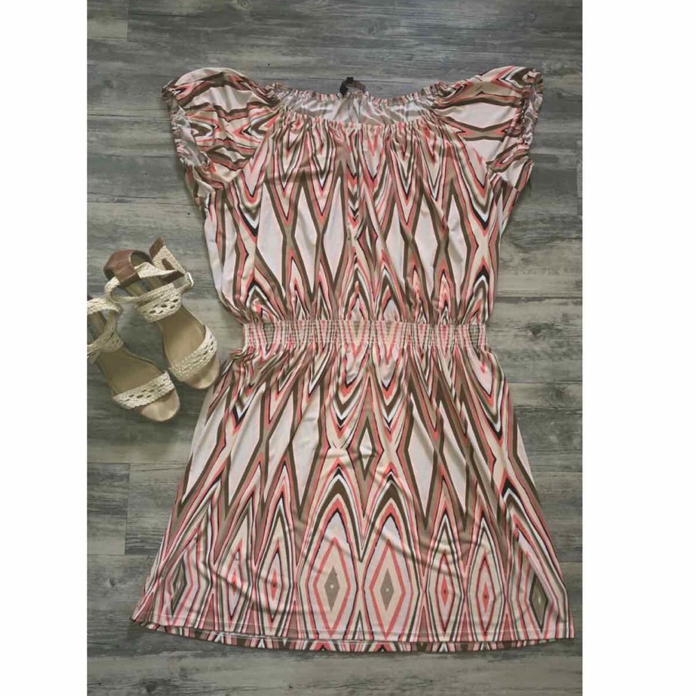 Summer Dress Peach and Brown Geometric Print